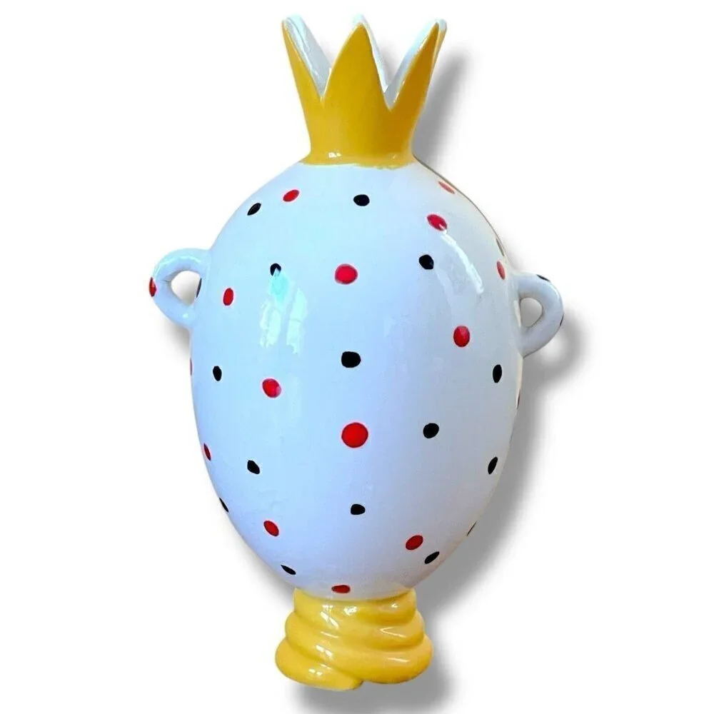 Anita Griffith Art Pottery Bud Vase Whimsical Face with Crown Polka Dot Signed